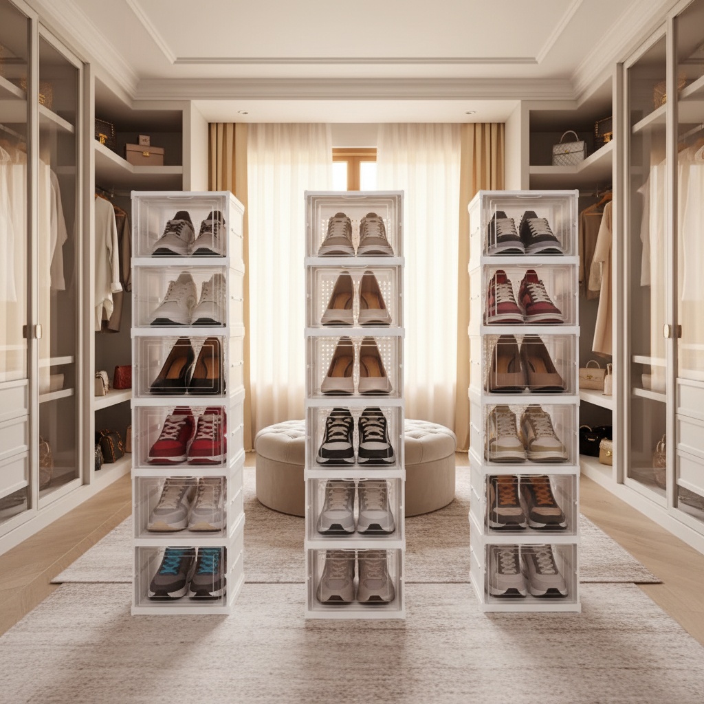 Closet dos sonhos: cada par no lugar, visível e protegido.